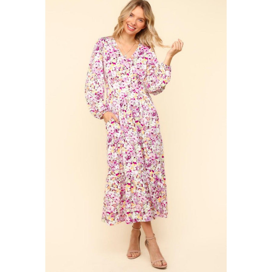 Haptics Full Size Floral V-Neck Long Sleeve Dress with Side Pockets Lilac / S Apparel and Accessories