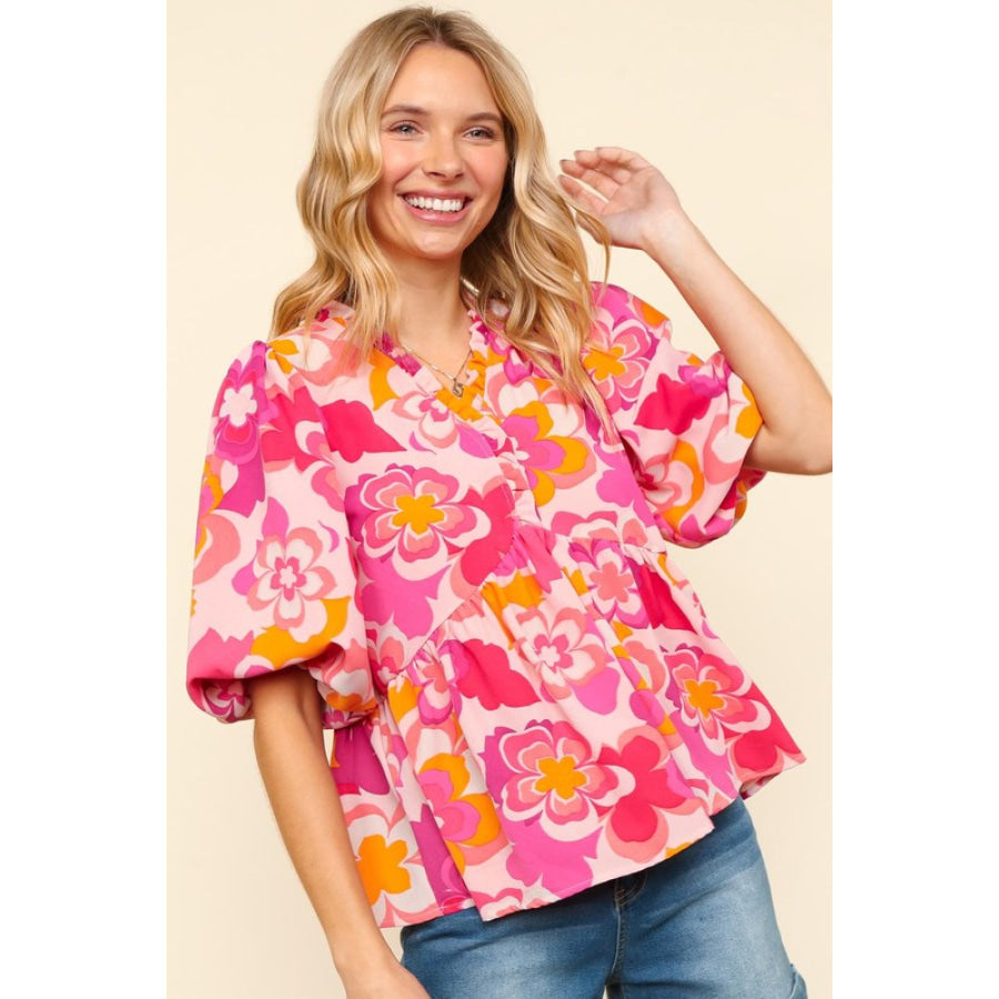 Haptics Full Size Frill Floral Puff Sleeve Blouse Apparel and Accessories