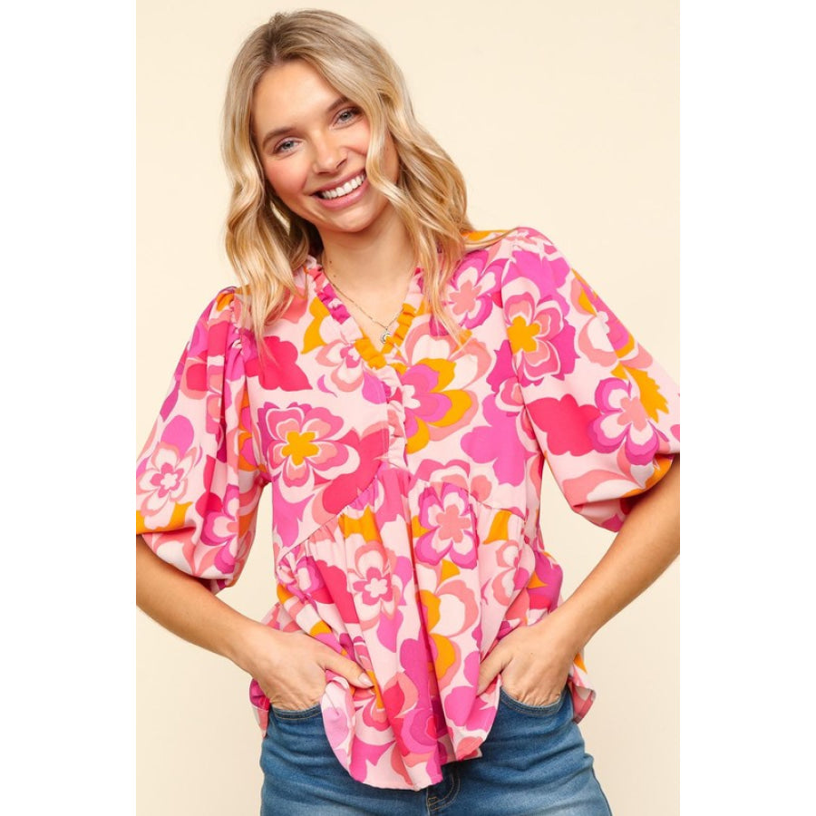 Haptics Full Size Frill Floral Puff Sleeve Blouse Apparel and Accessories