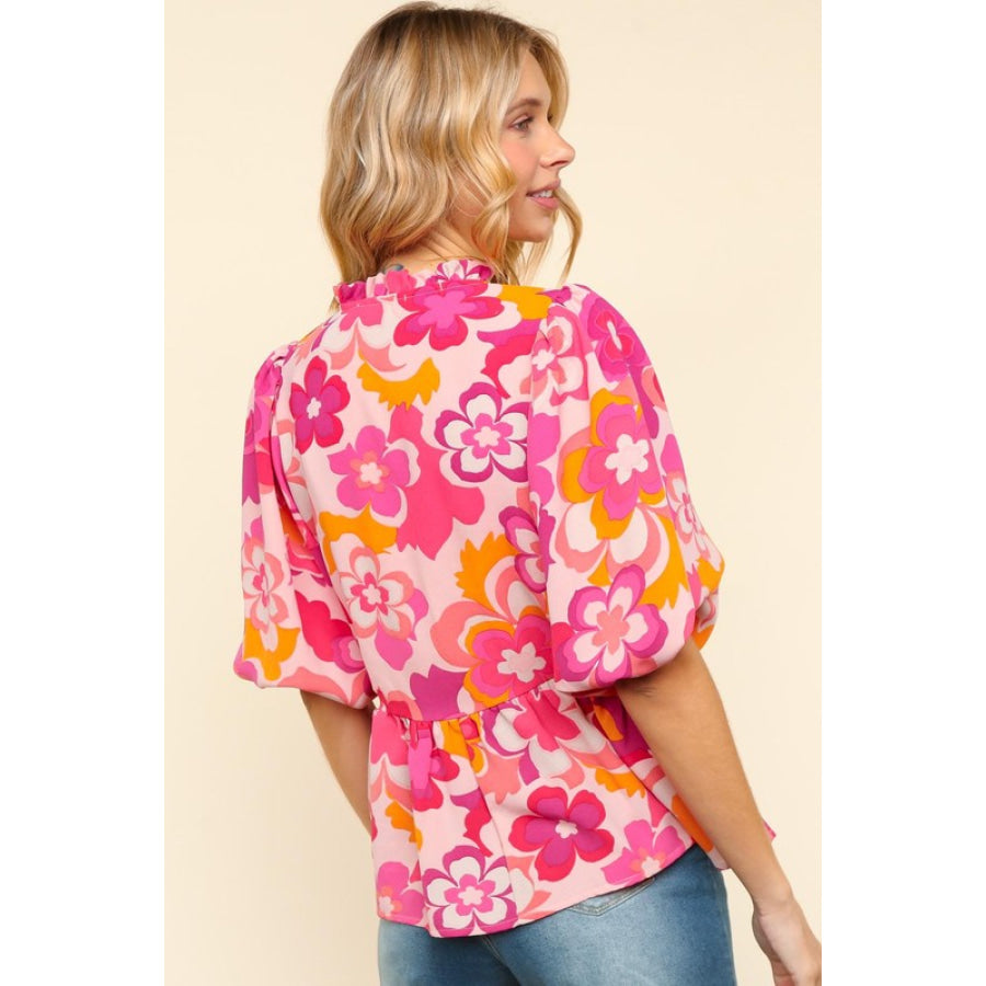 Haptics Full Size Frill Floral Puff Sleeve Blouse Apparel and Accessories