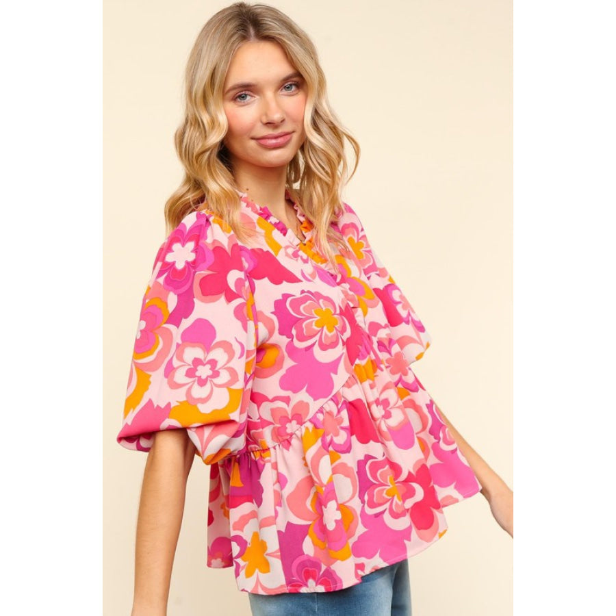 Haptics Full Size Frill Floral Puff Sleeve Blouse Apparel and Accessories