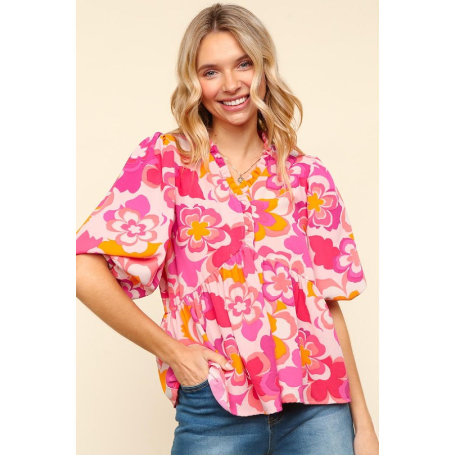 Haptics Full Size Frill Floral Puff Sleeve Blouse Blush/Fuchsia / S Apparel and Accessories