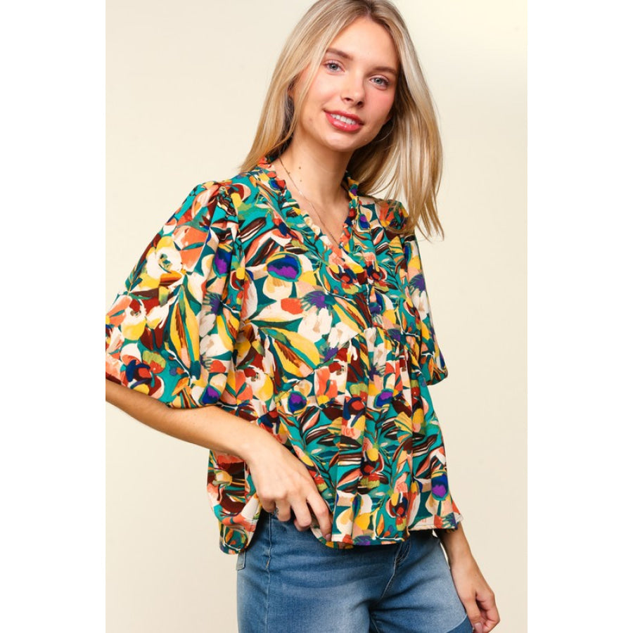 Haptics Full Size Frill Floral Puff Sleeve Peplum Blouse Apparel and Accessories