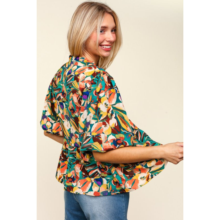 Haptics Full Size Frill Floral Puff Sleeve Peplum Blouse Apparel and Accessories