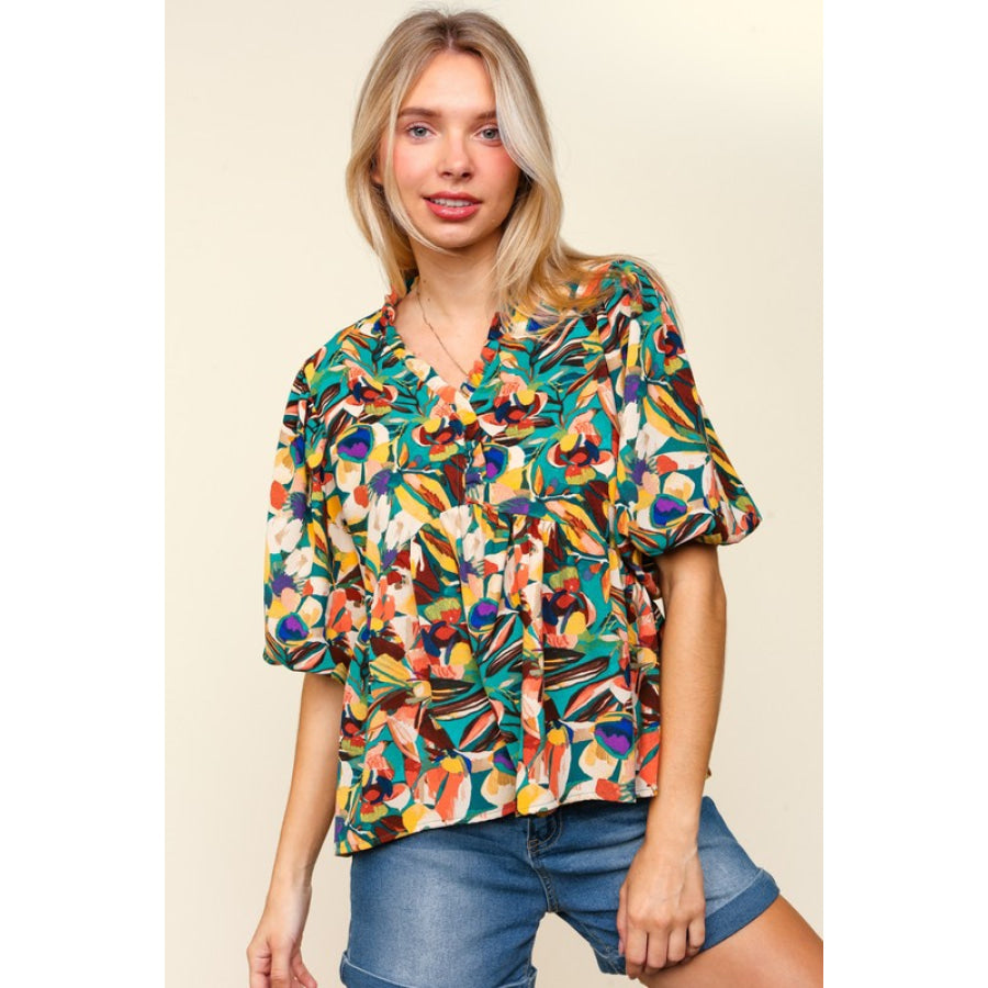 Haptics Full Size Frill Floral Puff Sleeve Peplum Blouse Apparel and Accessories