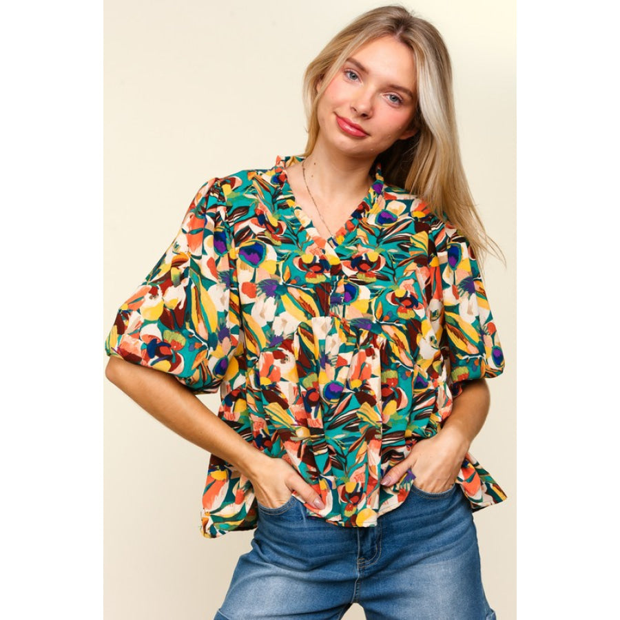 Haptics Full Size Frill Floral Puff Sleeve Peplum Blouse Apparel and Accessories