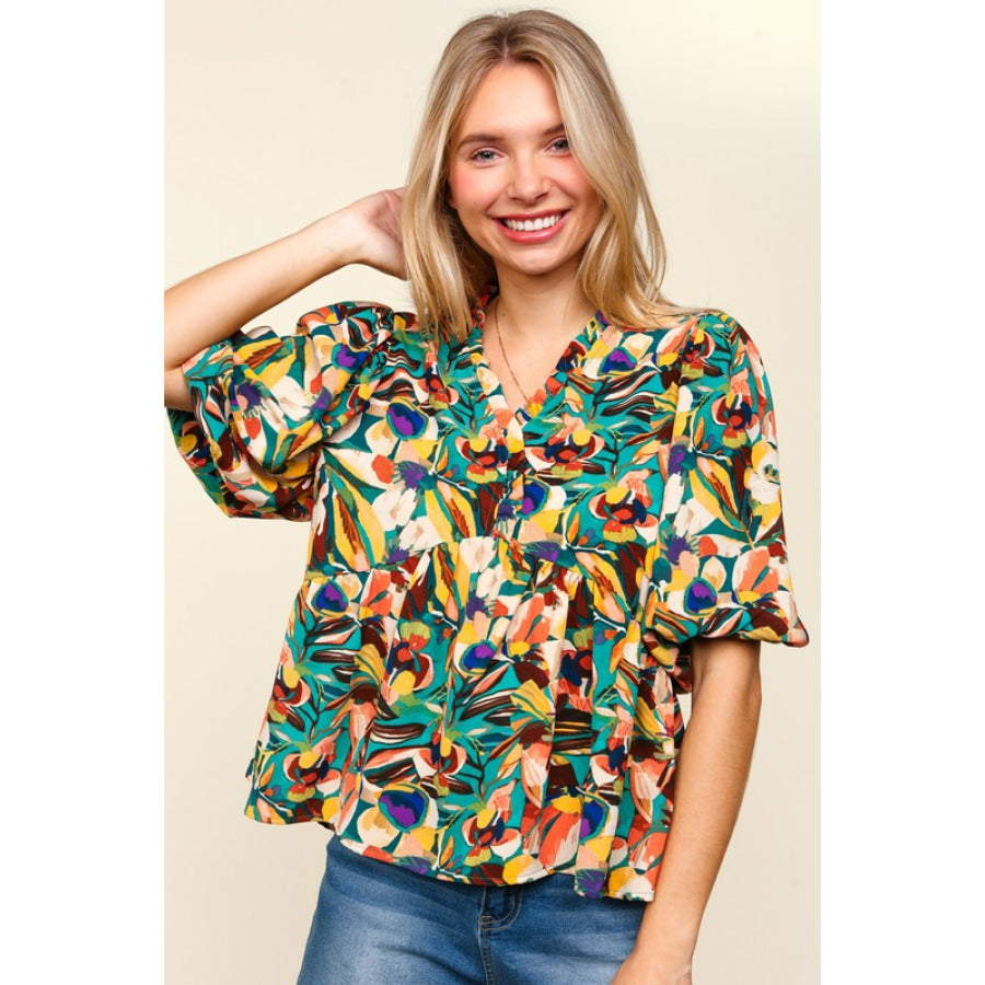 Haptics Full Size Frill Floral Puff Sleeve Peplum Blouse Apparel and Accessories