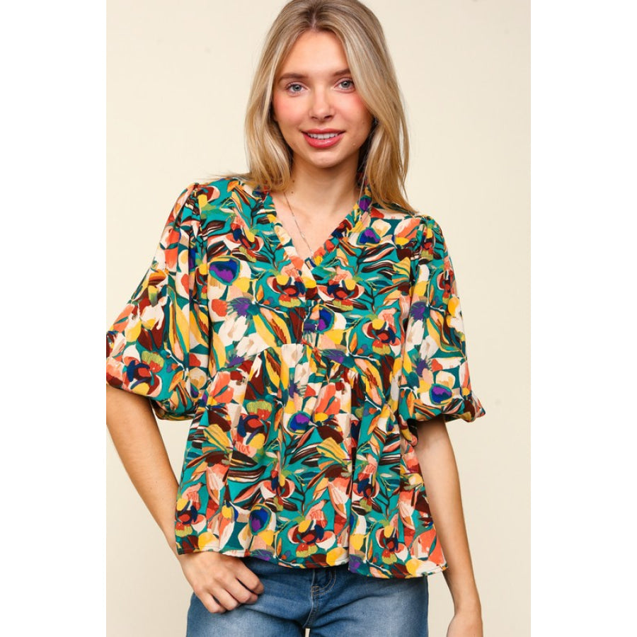 Haptics Full Size Frill Floral Puff Sleeve Peplum Blouse Multicolor / S Apparel and Accessories
