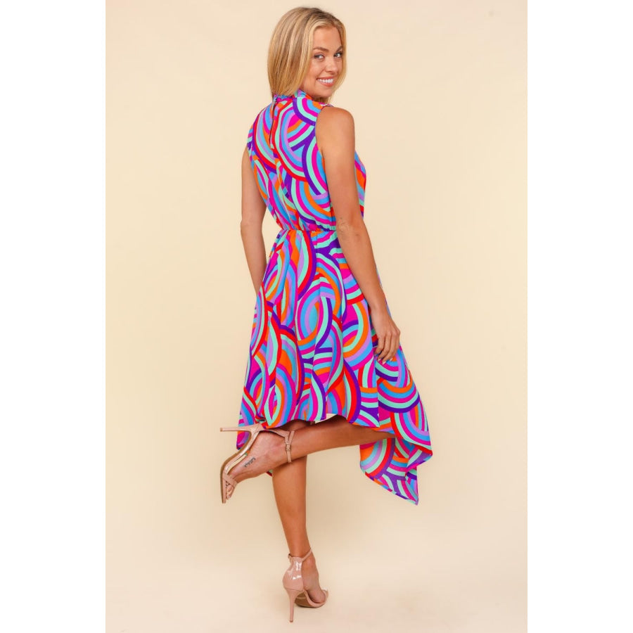 Haptics Full Size Mock Neck Sleeveless Printed Dress Blue/Orange/Lilac / S Apparel and Accessories