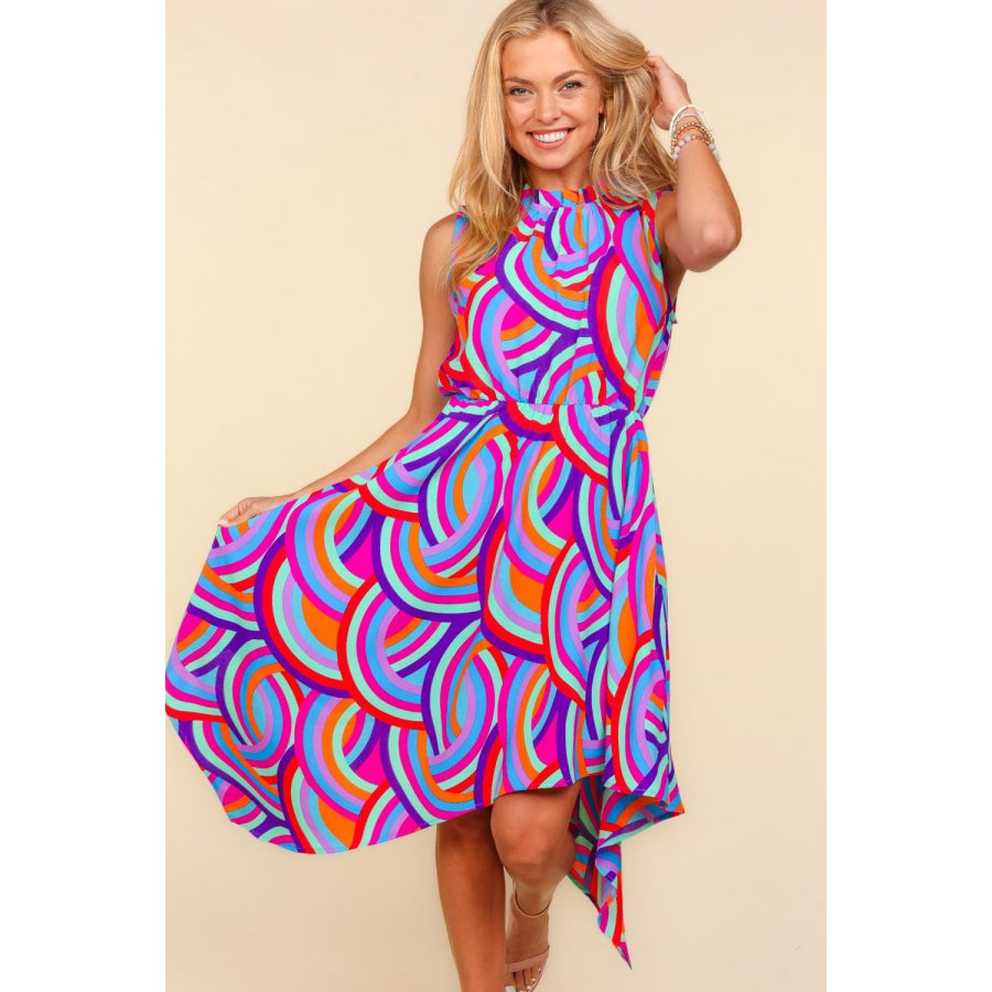 Haptics Full Size Mock Neck Sleeveless Printed Dress Blue/Orange/Lilac / S Apparel and Accessories