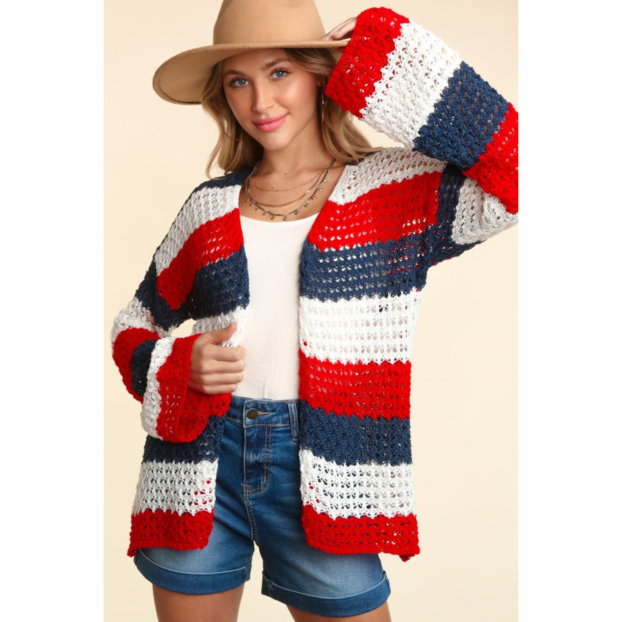 Haptics Full Size Open Front Long Sleeve Stripe Cardigan Navy/White/Red / S Apparel and Accessories