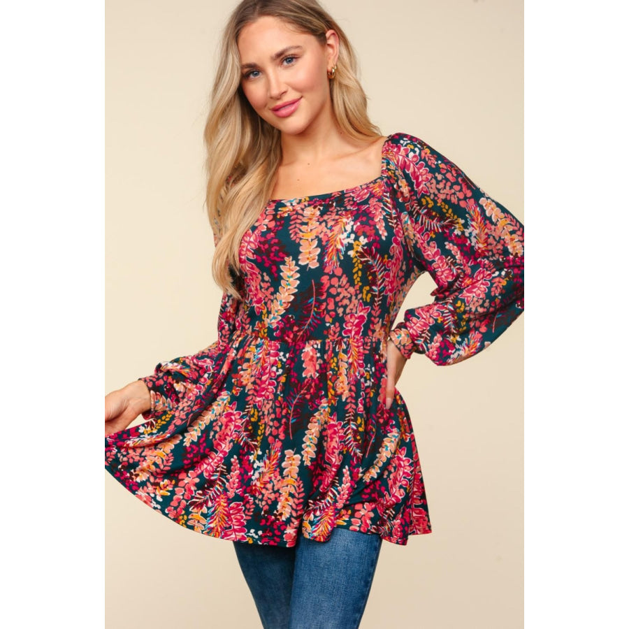 Haptics Full Size Peplum Floral Square Neck Blouse Hunter Green/Berry / S Apparel and Accessories