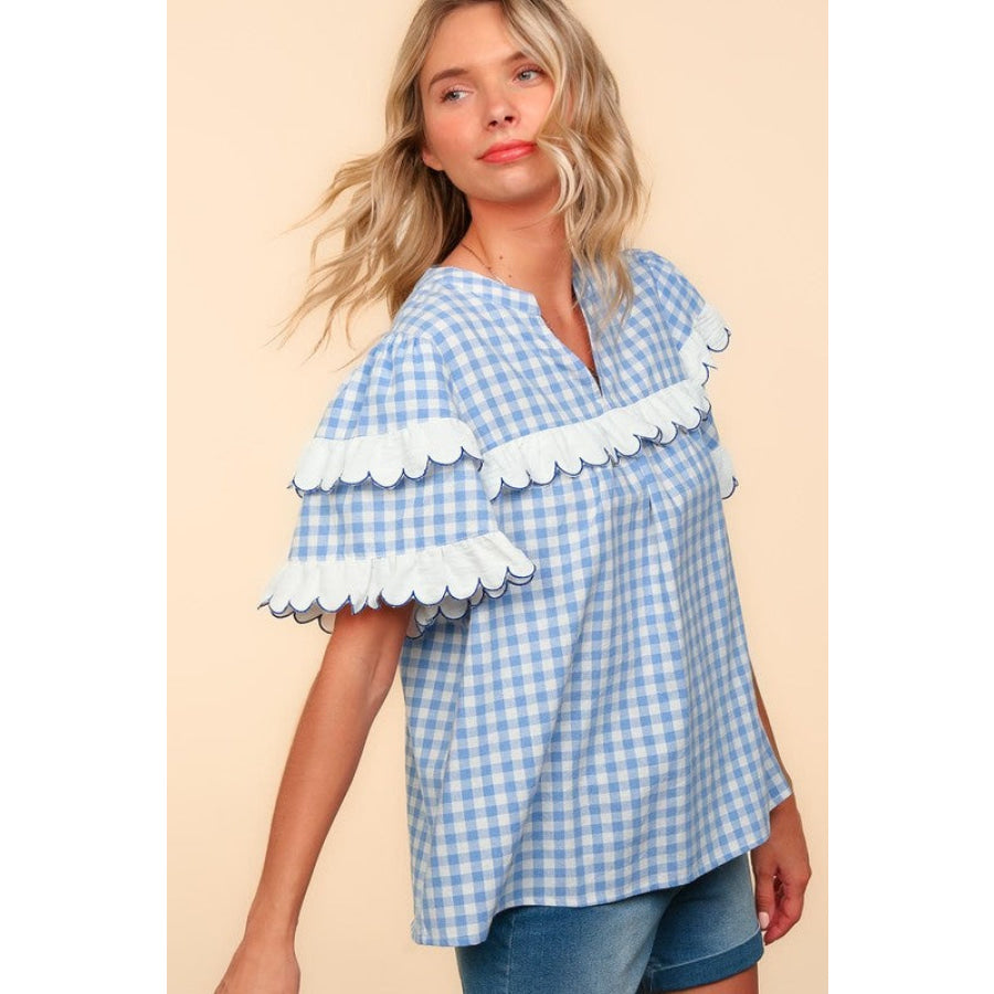 Haptics Full Size Plaid Scallop Hem Notched Short Sleeve Blouse Apparel and Accessories