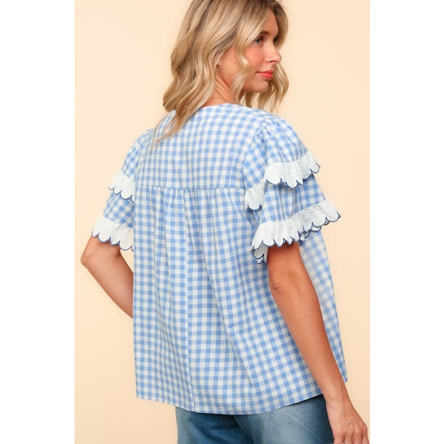 Haptics Full Size Plaid Scallop Hem Notched Short Sleeve Blouse Apparel and Accessories