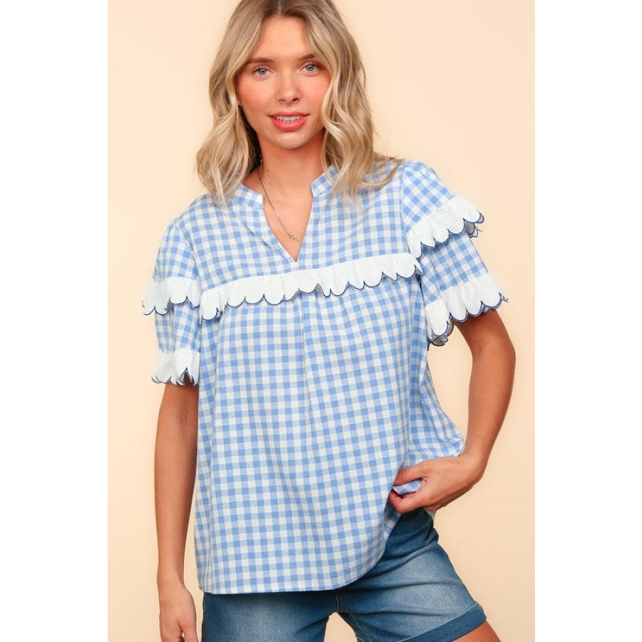 Haptics Full Size Plaid Scallop Hem Notched Short Sleeve Blouse Apparel and Accessories