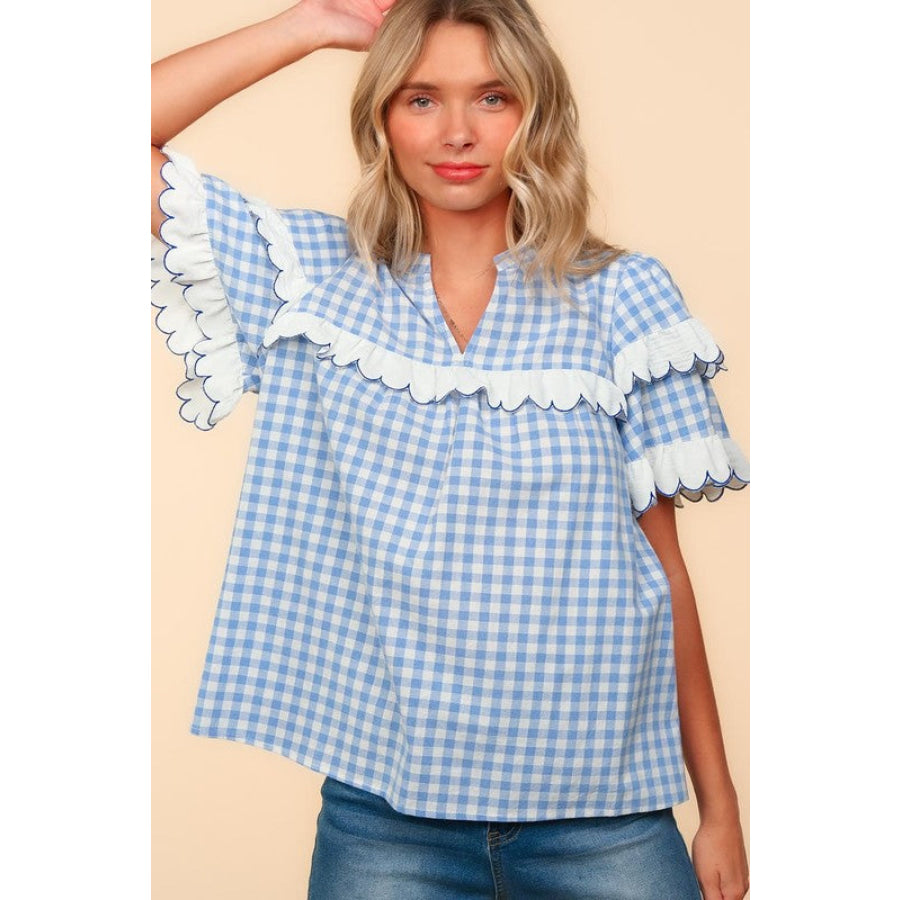 Haptics Full Size Plaid Scallop Hem Notched Short Sleeve Blouse Apparel and Accessories