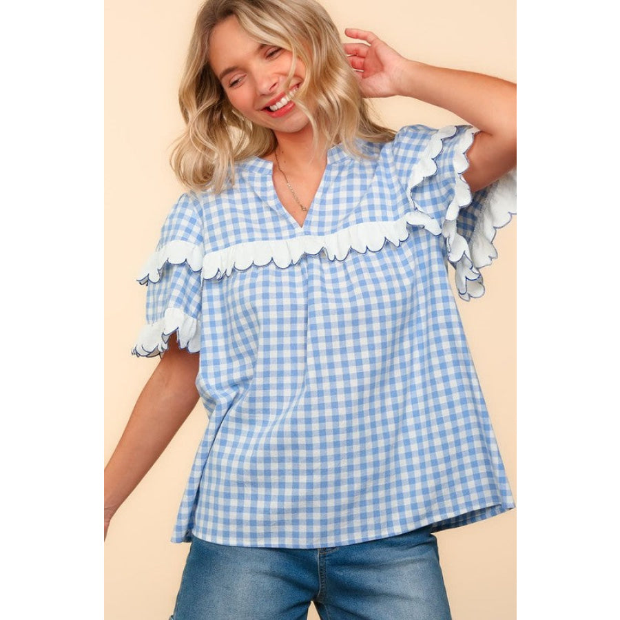 Haptics Full Size Plaid Scallop Hem Notched Short Sleeve Blouse Sky Blue / S Apparel and Accessories