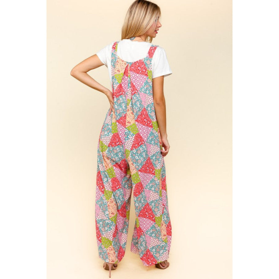Haptics Full Size Printed Wide Leg Overalls with Side Pockets Coral/Seafoam / S Apparel and Accessories