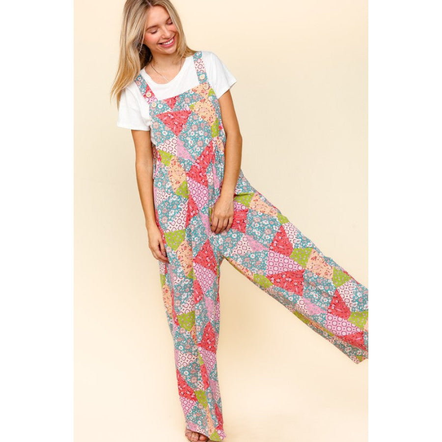Haptics Full Size Printed Wide Leg Overalls with Side Pockets Coral/Seafoam / S Apparel and Accessories