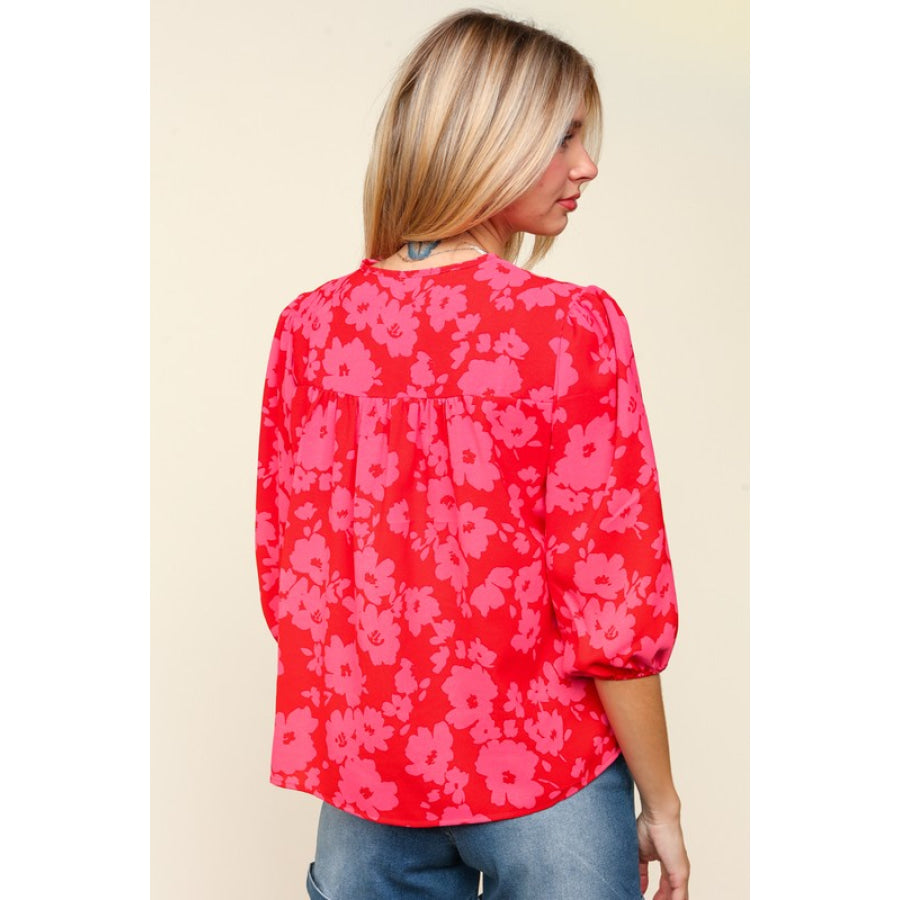 Haptics Full Size Ribbon Bow Floral Balloon Sleeve Blouse Red/Pink / S Apparel and Accessories