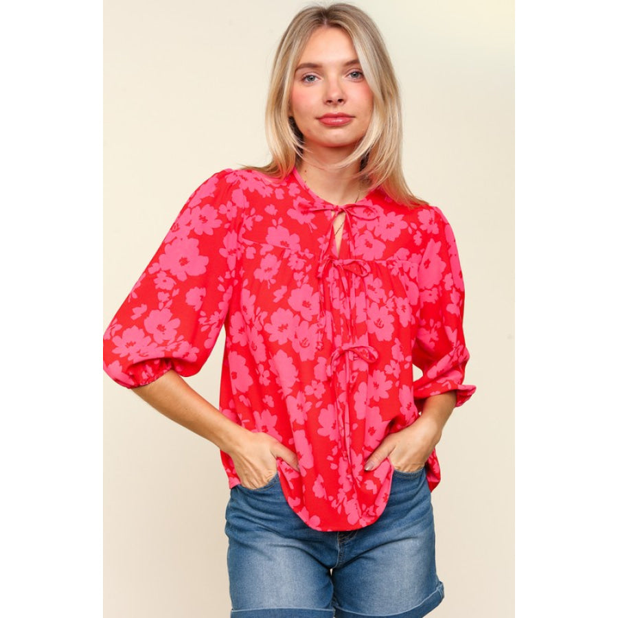 Haptics Full Size Ribbon Bow Floral Balloon Sleeve Blouse Apparel and Accessories