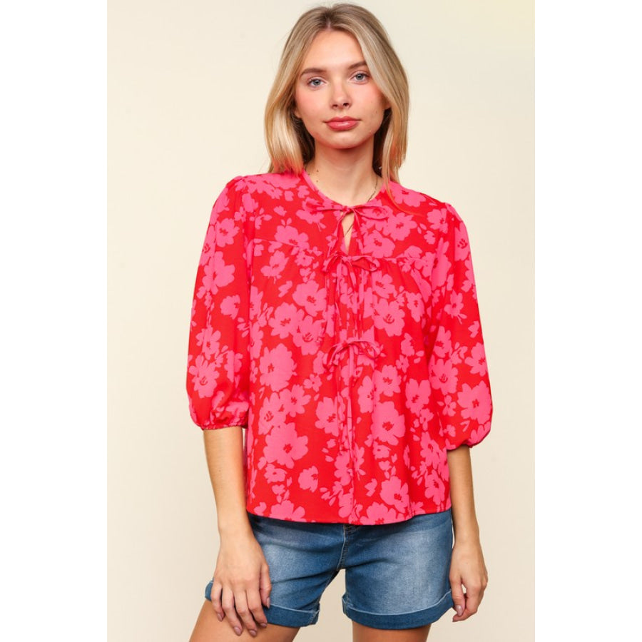 Haptics Full Size Ribbon Bow Floral Balloon Sleeve Blouse Red/Pink / S Apparel and Accessories