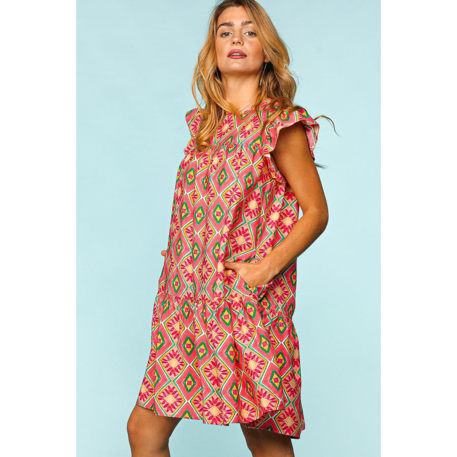 Haptics Full Size Ruffled Printed Dress with Side Pockets Apparel and Accessories