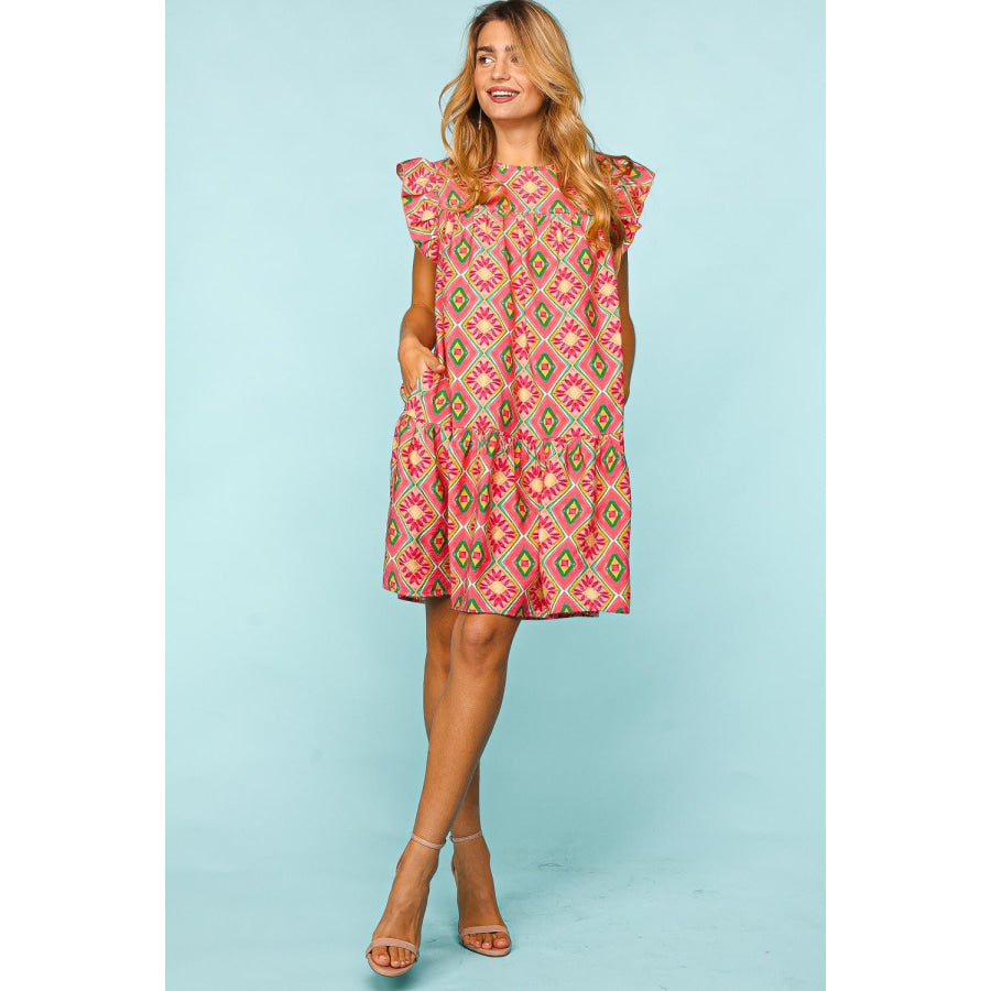 Haptics Full Size Ruffled Printed Dress with Side Pockets Apparel and Accessories