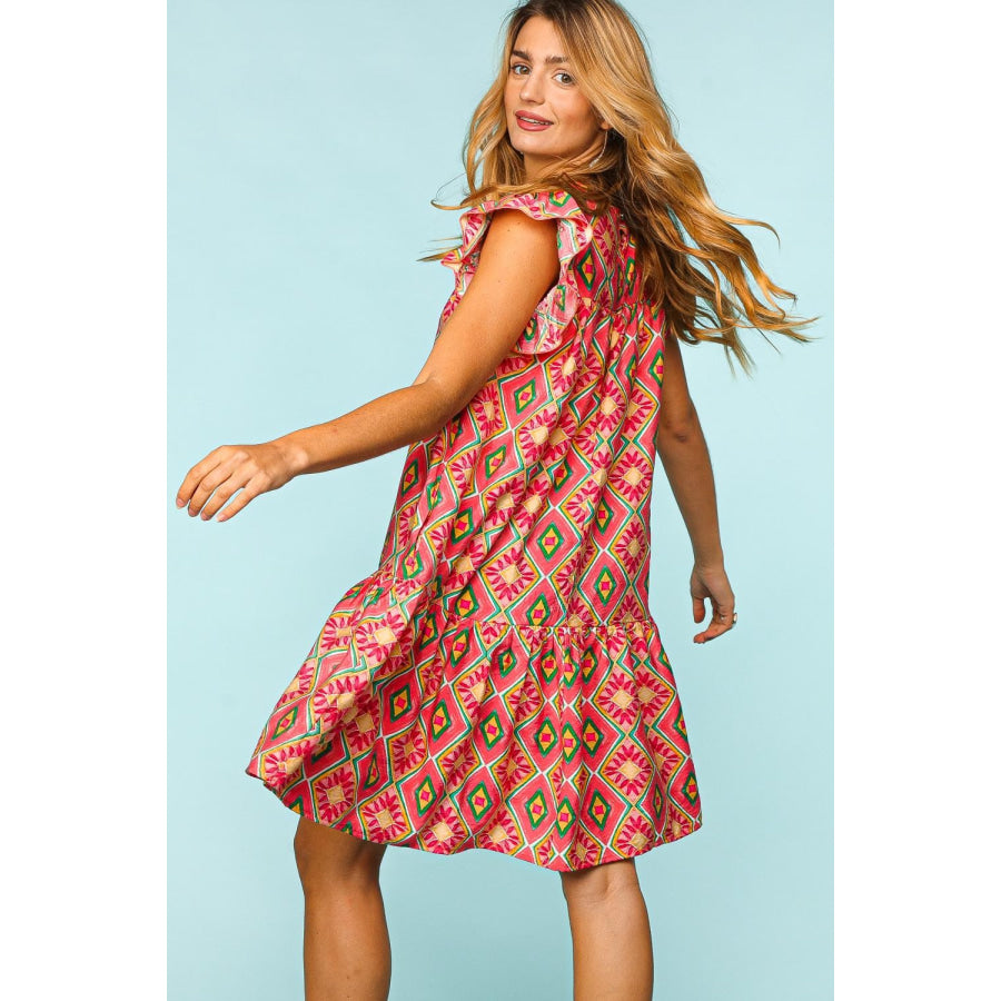 Haptics Full Size Ruffled Printed Dress with Side Pockets Apparel and Accessories