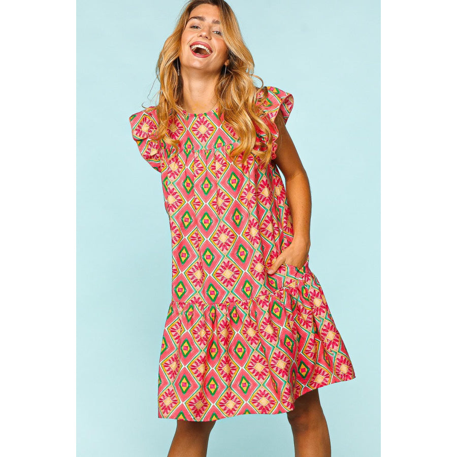Haptics Full Size Ruffled Printed Dress with Side Pockets Coral / S Apparel and Accessories