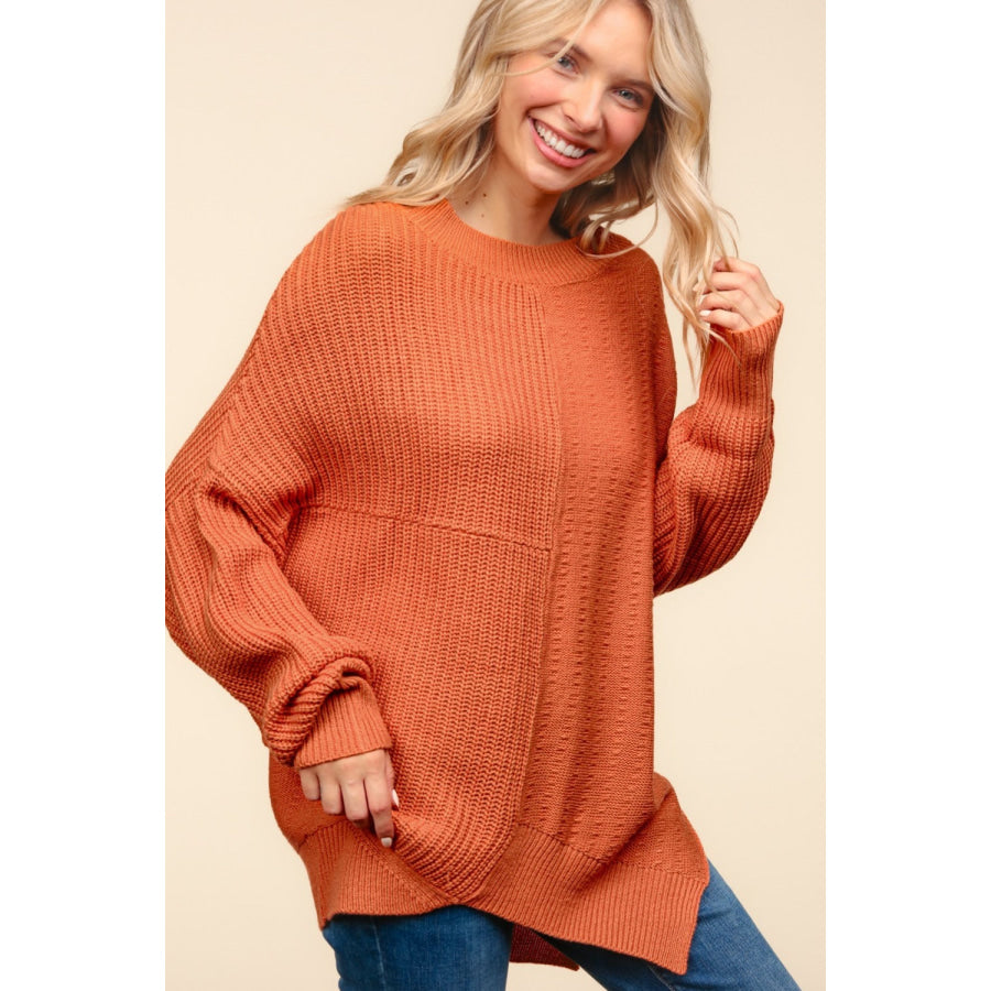 Haptics Full Size Side Slit Texture Asymmetric Sweater Pumpkin / S Apparel and Accessories