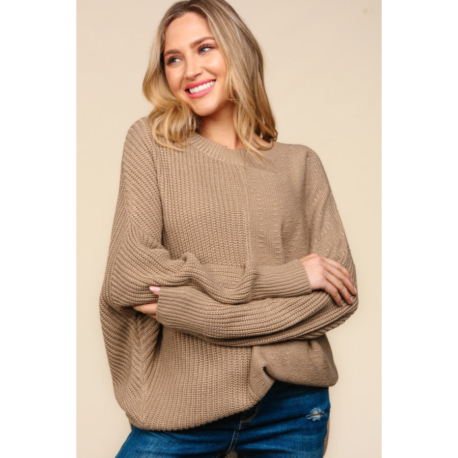 Haptics Full Size Side Slit Texture Asymmetric Sweater Taupe / S Apparel and Accessories