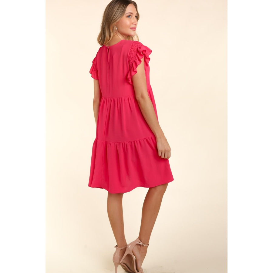 Haptics Full Size Smocking Ruffle Short Sleeve Dress with Pockets Apparel and Accessories