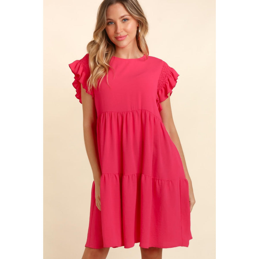 Haptics Full Size Smocking Ruffle Short Sleeve Dress with Pockets Apparel and Accessories