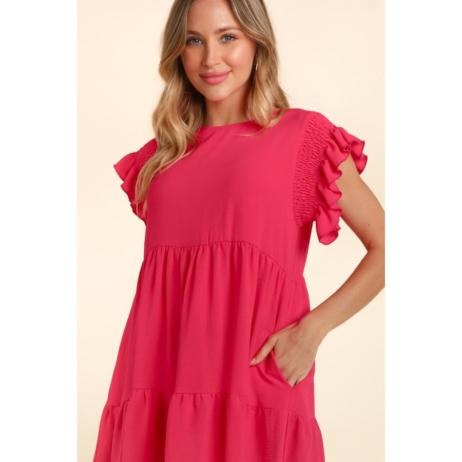 Haptics Full Size Smocking Ruffle Short Sleeve Dress with Pockets Apparel and Accessories