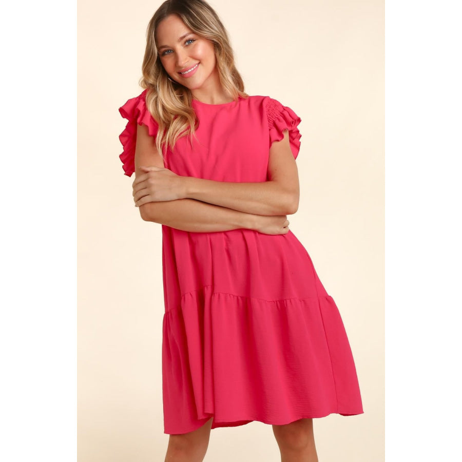 Haptics Full Size Smocking Ruffle Short Sleeve Dress with Pockets Fuchsia / S Apparel and Accessories