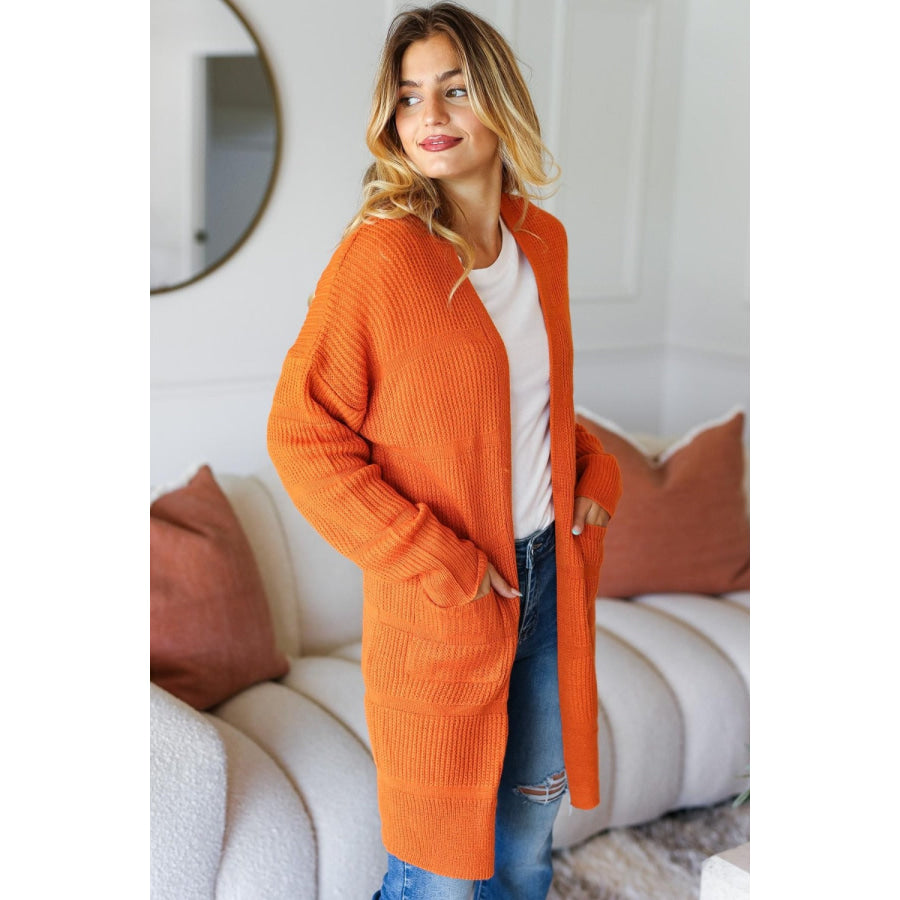 Haptics Full Size Stripe Textured Open Front Cardigan with Pockets Rust / S Apparel and Accessories