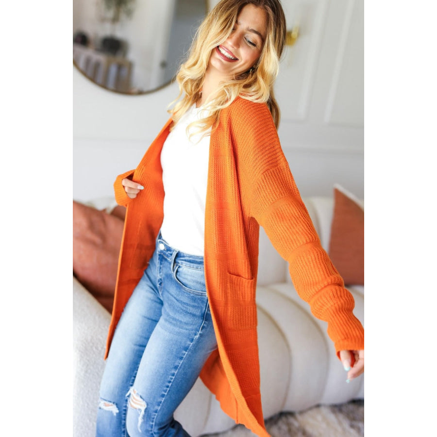 Haptics Full Size Stripe Textured Open Front Cardigan with Pockets Apparel and Accessories