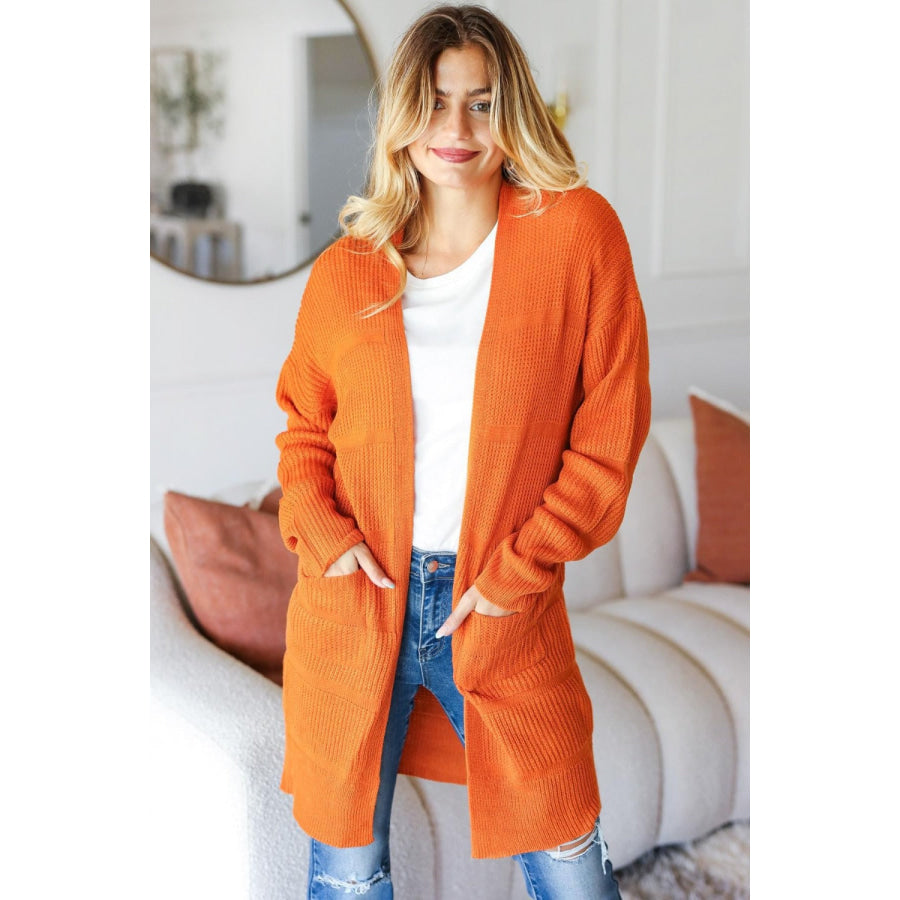 Haptics Full Size Stripe Textured Open Front Cardigan with Pockets Rust / S Apparel and Accessories