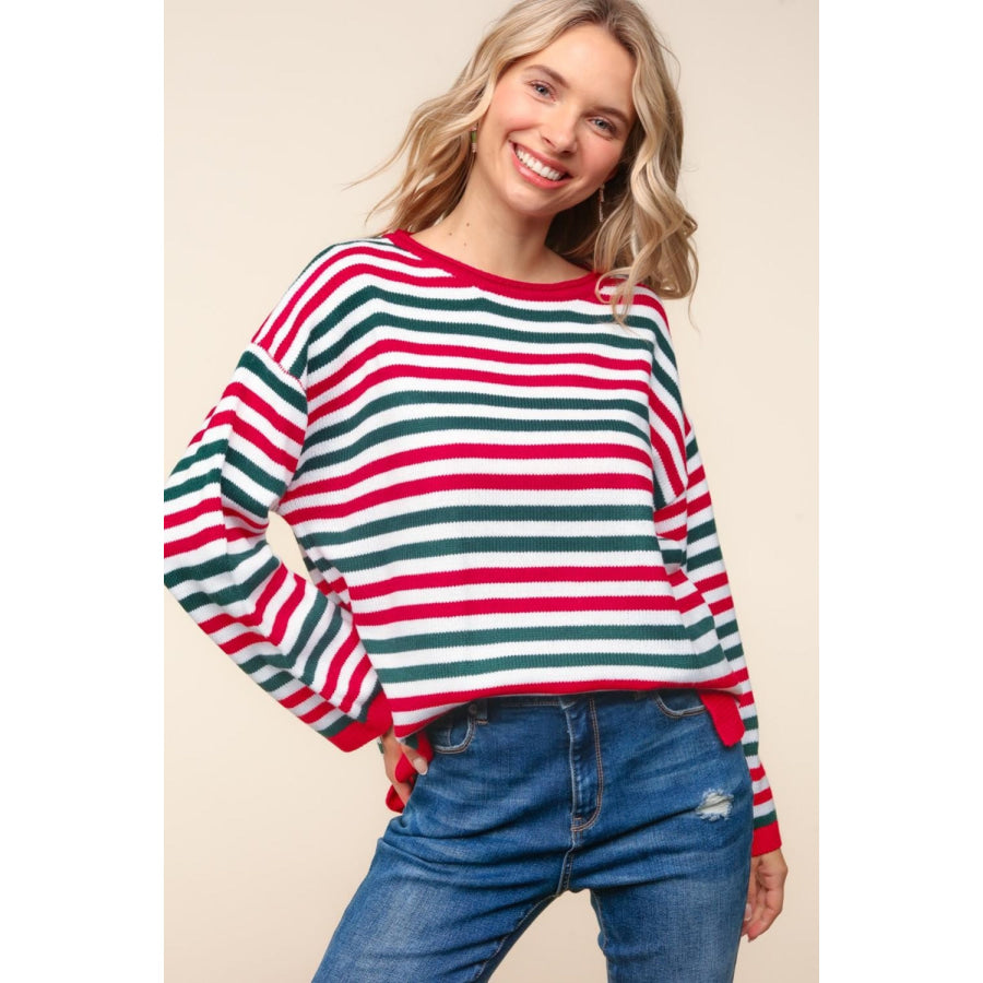 Haptics Full Size Striped Contrast Side Slit Knit Top Apparel and Accessories