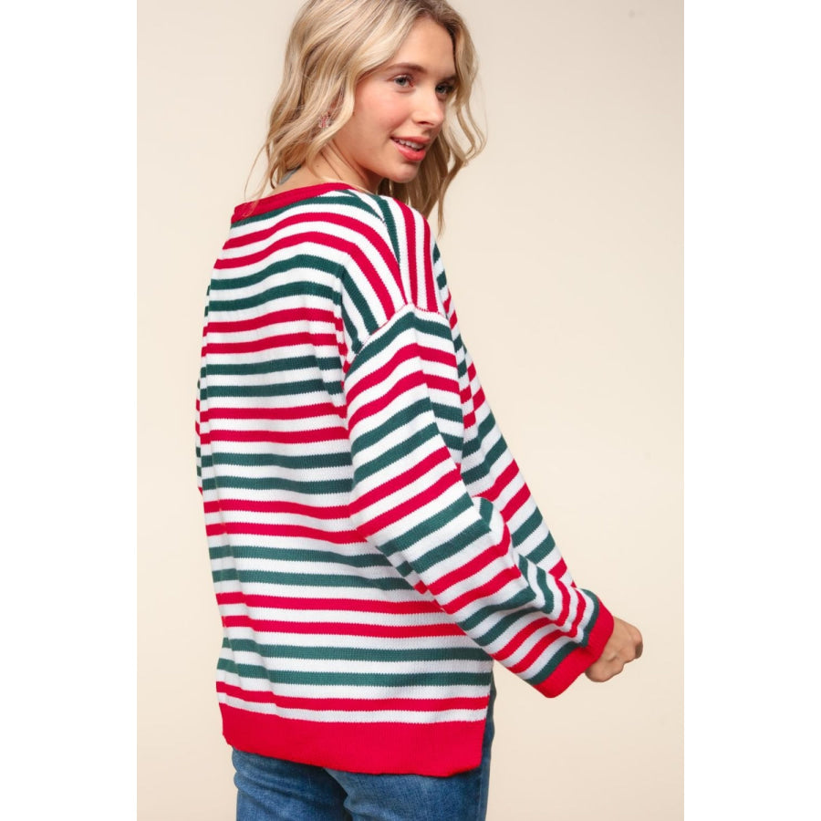 Haptics Full Size Striped Contrast Side Slit Knit Top Apparel and Accessories