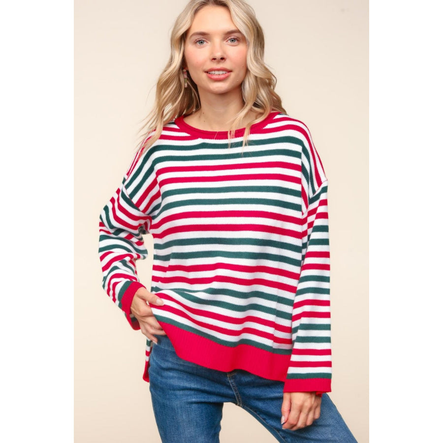 Haptics Full Size Striped Contrast Side Slit Knit Top Apparel and Accessories