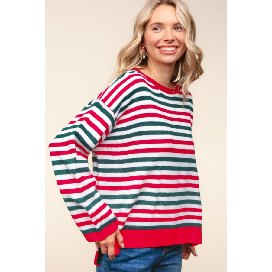 Haptics Full Size Striped Contrast Side Slit Knit Top Apparel and Accessories