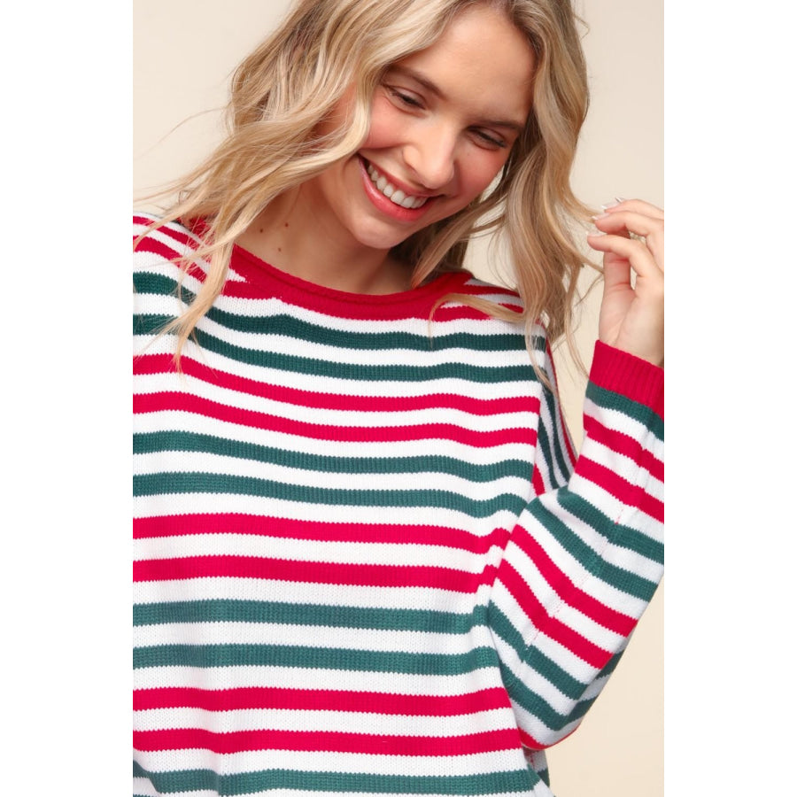 Haptics Full Size Striped Contrast Side Slit Knit Top Apparel and Accessories