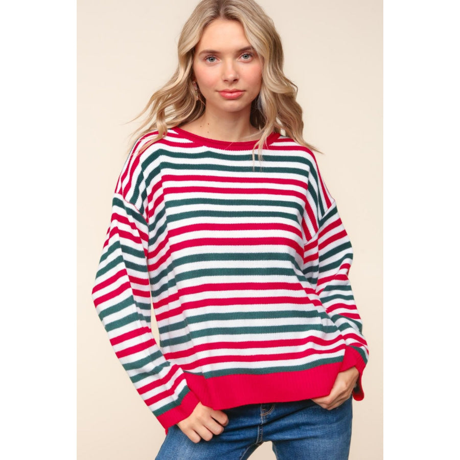 Haptics Full Size Striped Contrast Side Slit Knit Top Red/Hunter Green / S Apparel and Accessories