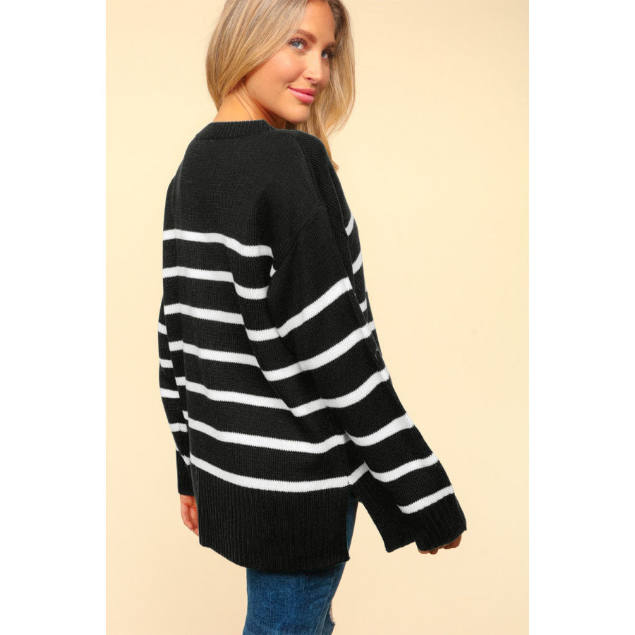 Haptics Full Size Striped Contrast Side Slit Sweater Apparel and Accessories