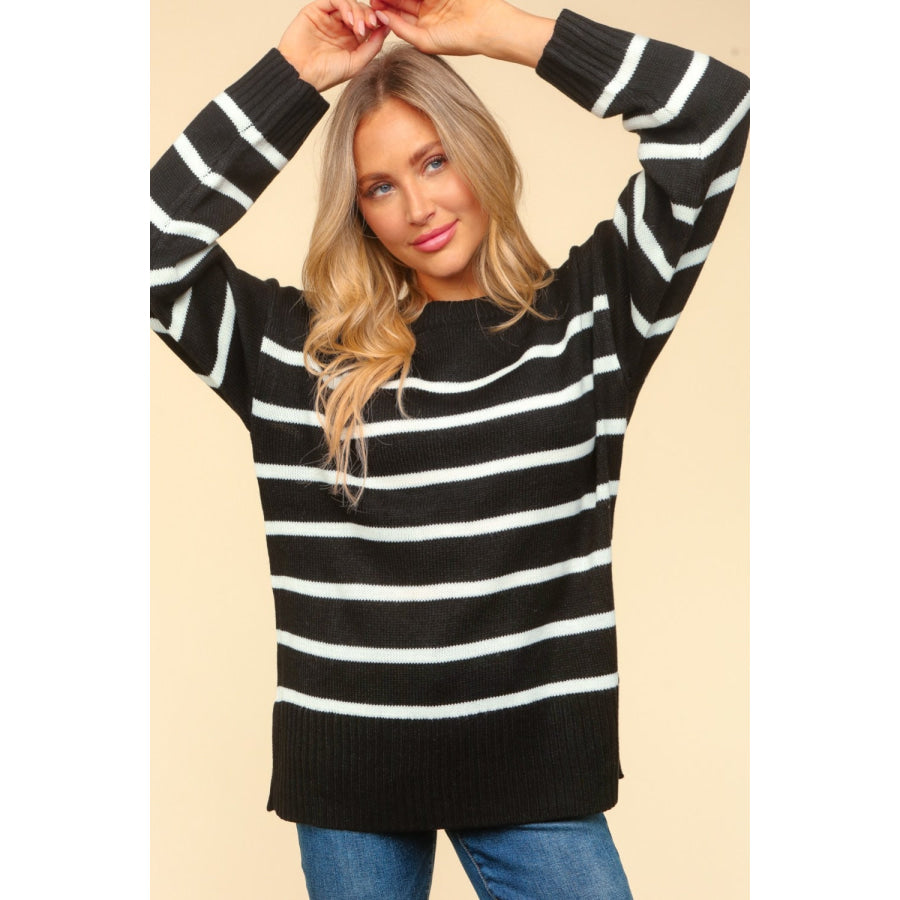 Haptics Full Size Striped Contrast Side Slit Sweater Apparel and Accessories