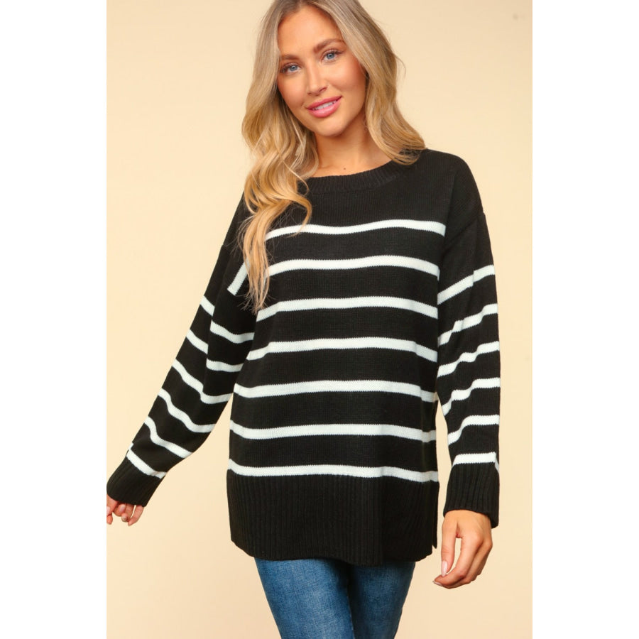 Haptics Full Size Striped Contrast Side Slit Sweater Apparel and Accessories