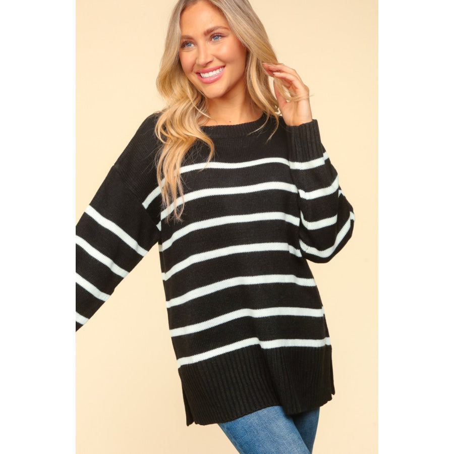 Haptics Full Size Striped Contrast Side Slit Sweater Apparel and Accessories