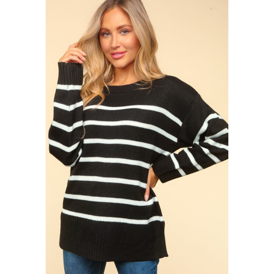 Haptics Full Size Striped Contrast Side Slit Sweater Black / S Apparel and Accessories